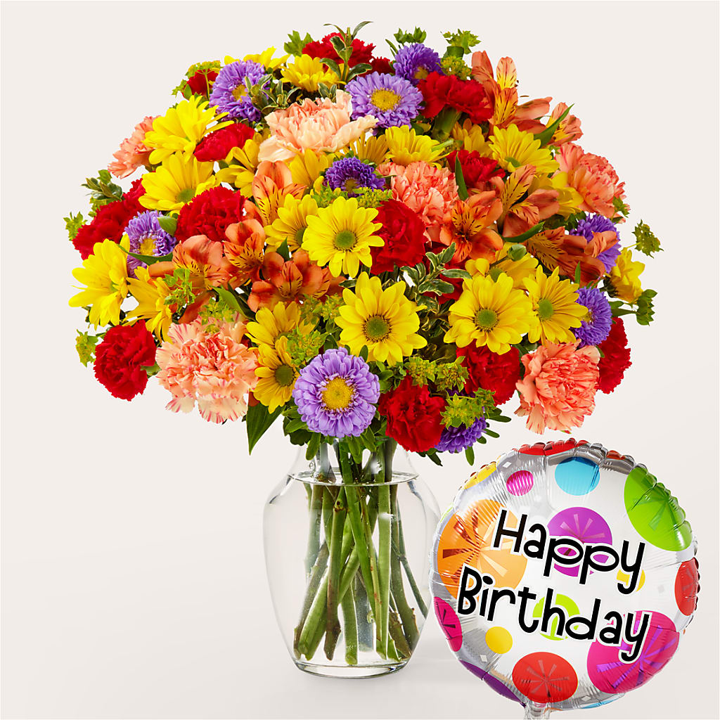 Kaleidoscope Bouquet with Birthday Balloon – Flowers That Cliq, La Verne CA