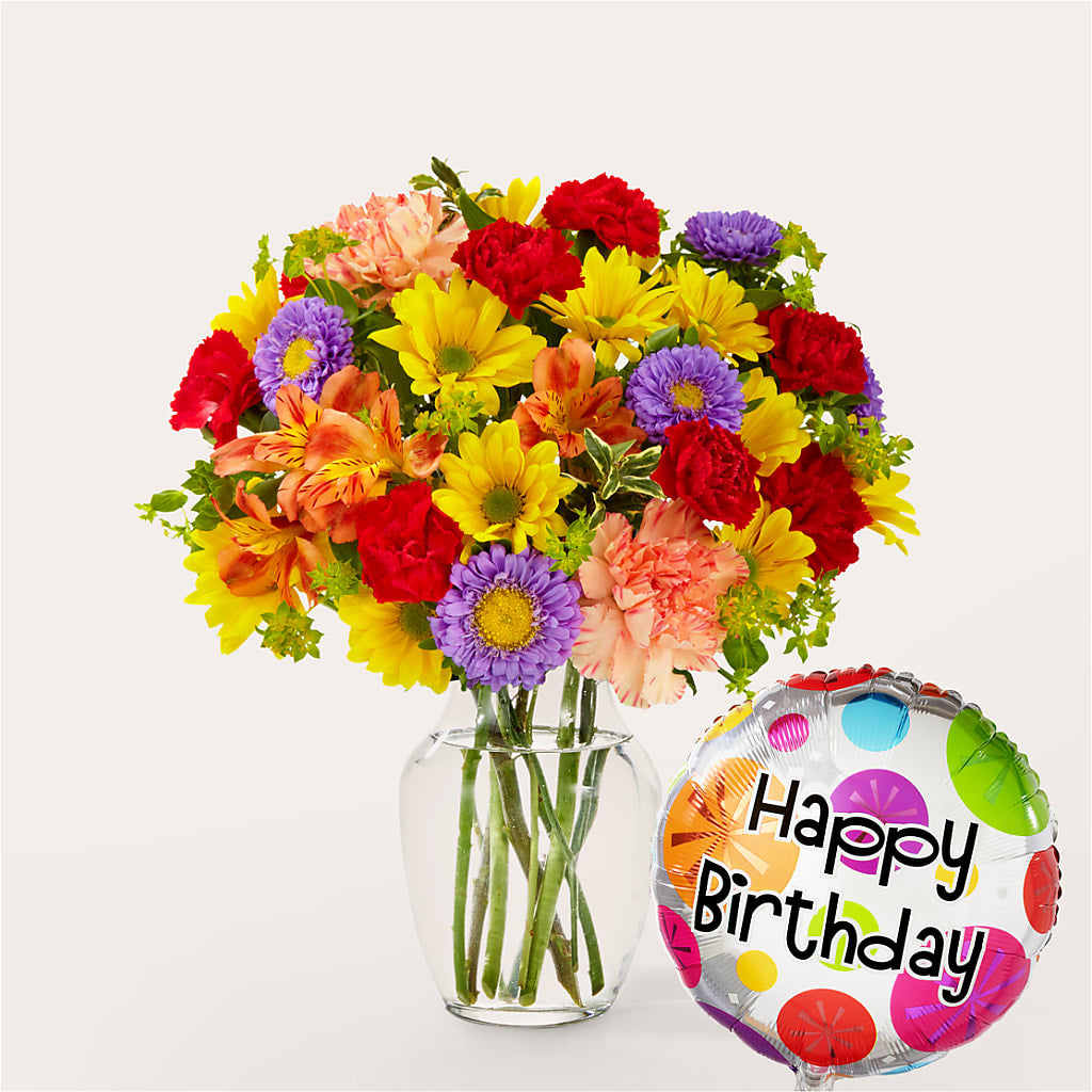 Kaleidoscope Bouquet with Birthday Balloon – Flowers That Cliq, La Verne CA