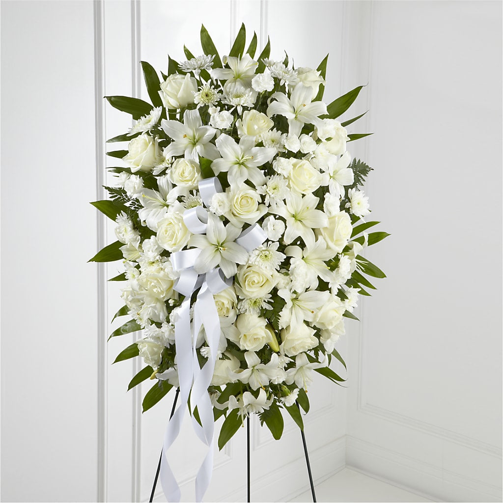 Exquisite Tribute Standing Spray-White Ribbon – Flowers That Cliq, La Verne CA
