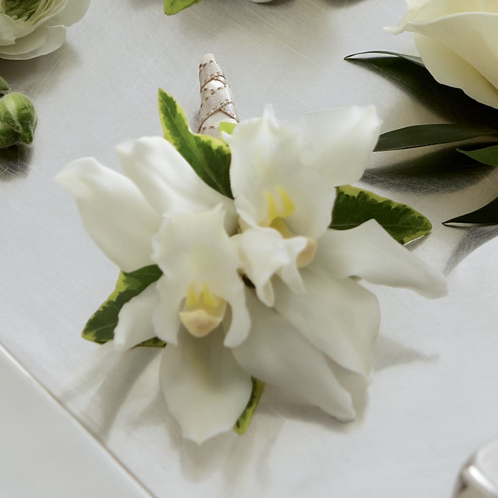White Mini Cymbidium Boutonniere – Flowers That Cliq, La Verne CA